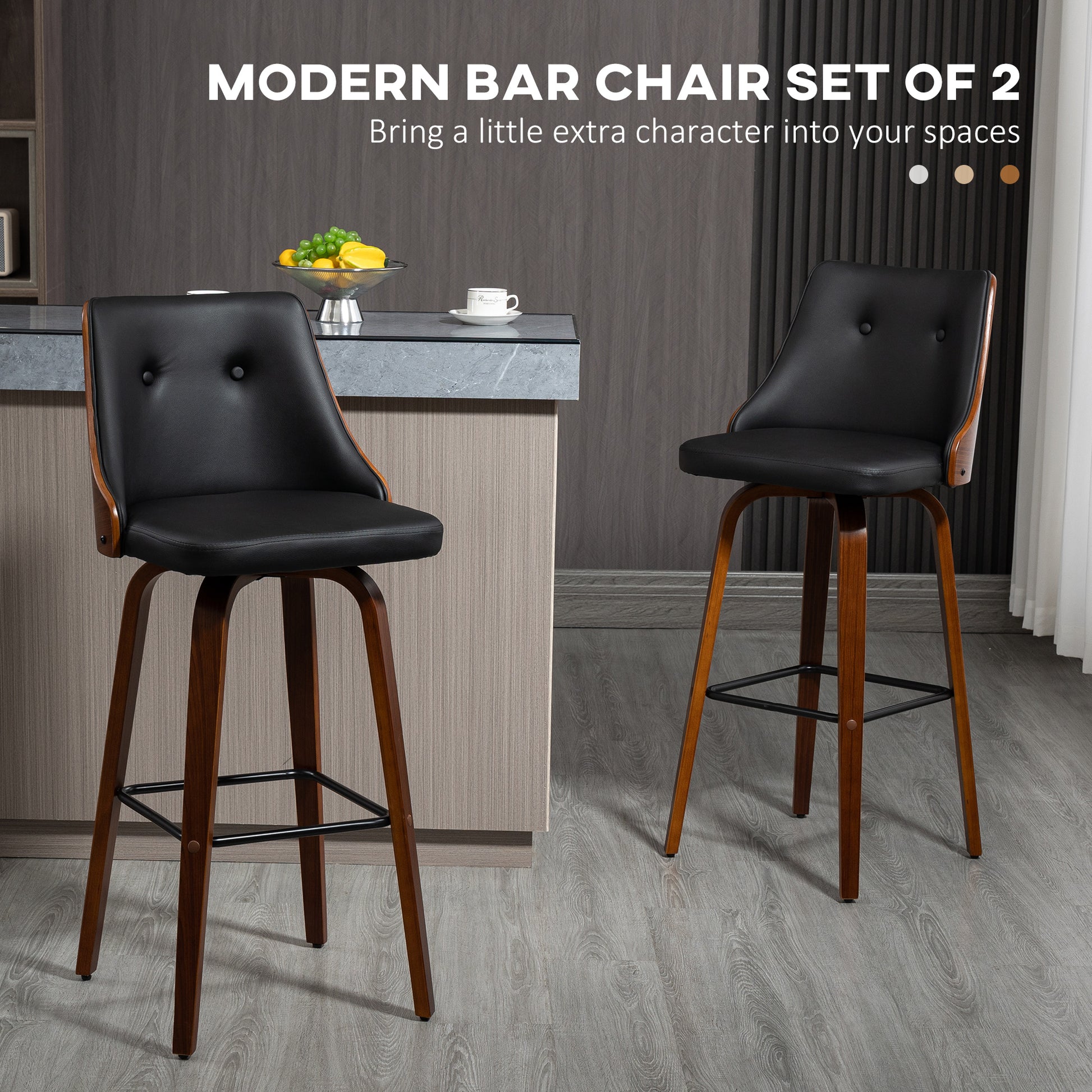 Bar Height Bar Stools Set of 2, PU Leather Upholstered Swivel Barstools with Solid Wood Legs Footrest and Tufted Back, B