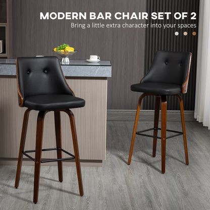 Bar Height Bar Stools Set of 2, PU Leather Upholstered Swivel Barstools with Solid Wood Legs Footrest and Tufted Back, B