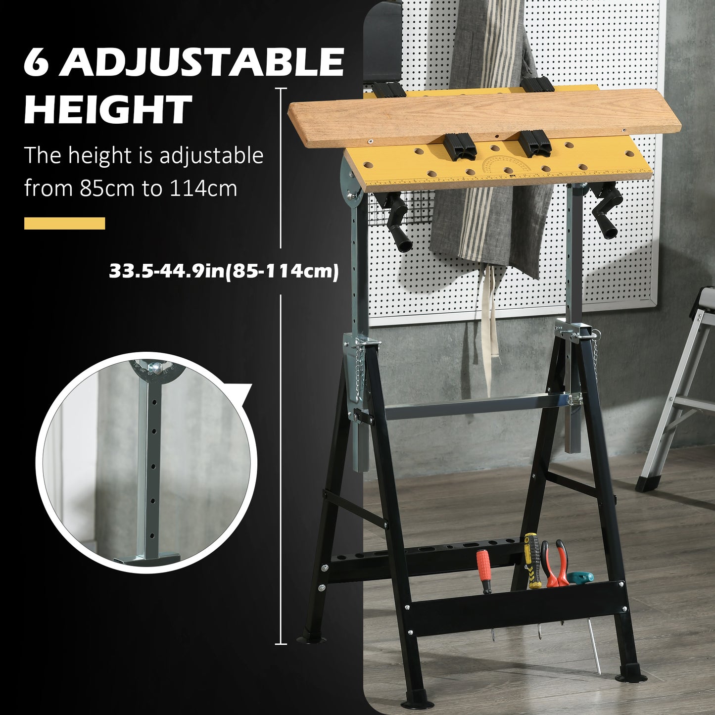 Portable Work Bench, Workshop Tool Stand with 6-Level Height Adjustable Work Table, Carpenter Saw Table with 4 Clamps, S