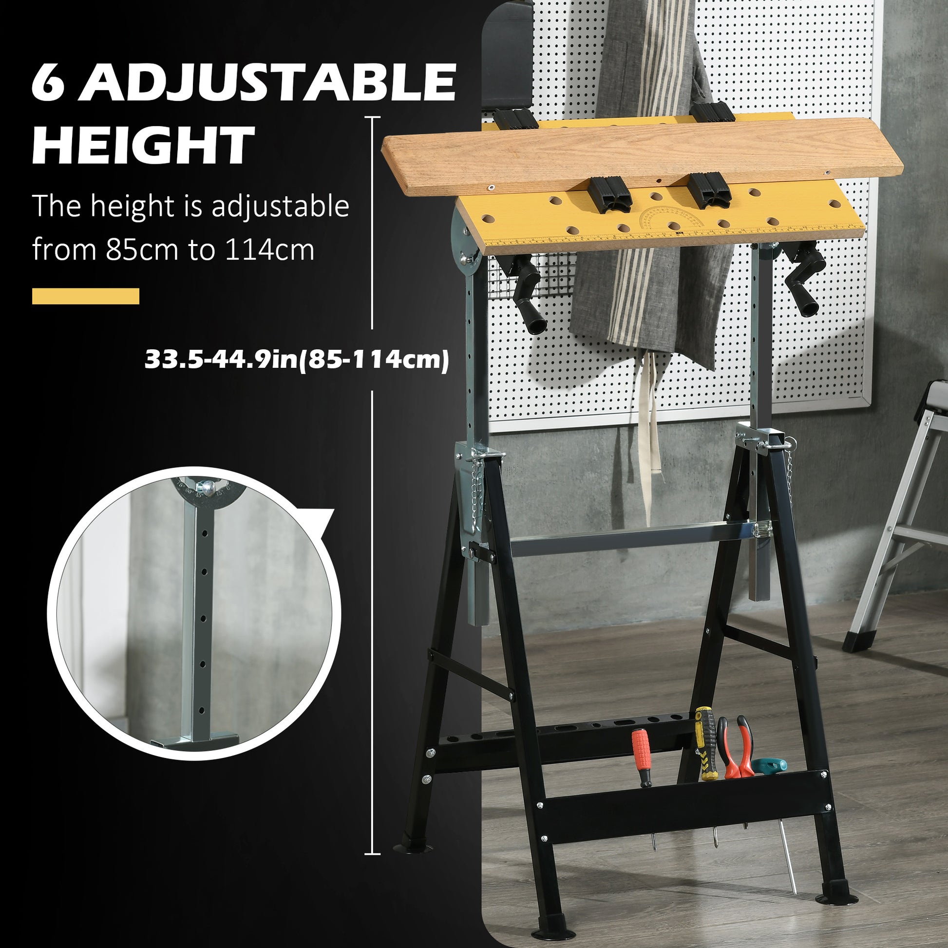 Portable Work Bench, Workshop Tool Stand with 6-Level Height Adjustable Work Table, Carpenter Saw Table with 4 Clamps, S