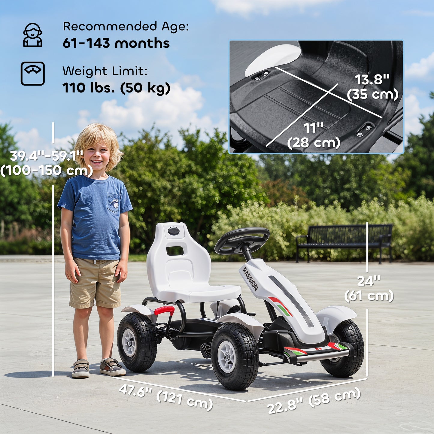 VarietyKart Pedal Go Kart for Kids, Pedal Car with Adjustable Bucket, Handbrake, 4 Rubber Wheels Powered Ride, White