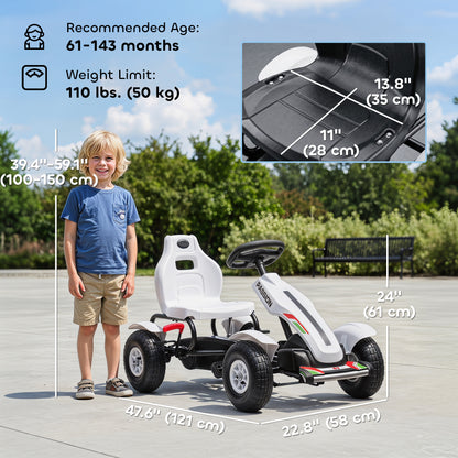VarietyKart Pedal Go Kart for Kids, Pedal Car with Adjustable Bucket, Handbrake, 4 Rubber Wheels Powered Ride, White
