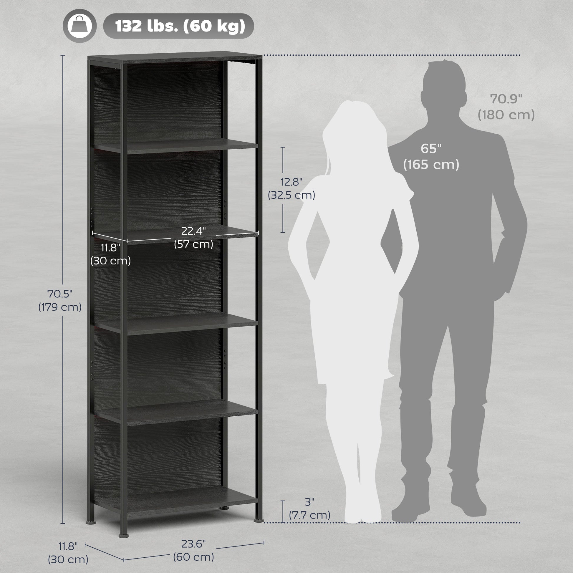 5-Tier Bookshelf, Freestanding Bookcase with LED Lights and Metal Frame for Living Room, Bedroom, Home Office, Black