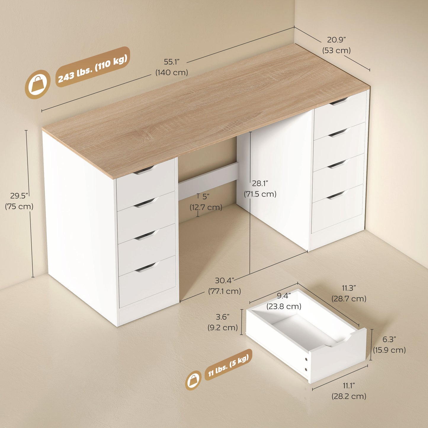Desk with 8 Drawers, 55.1"W × 20.9"D × 29.5"H Modern Computer Desk for Office, Living Room, White