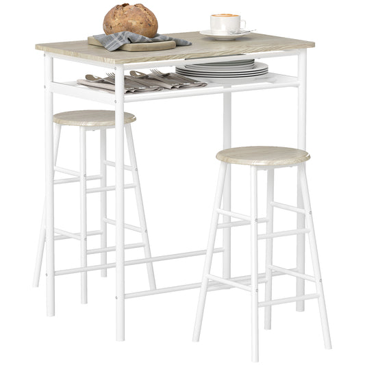 3 Piece Counter Height Bar Table Set with 1 Table, 2 Matching Stools, Dining Table Set with Storage Shelf and Metal Fram