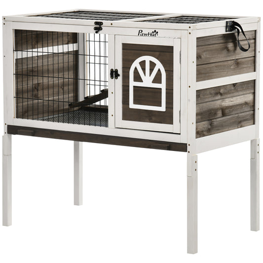 Rabbit Hutch Dual-Height Design Bunny House with Run Slide-Out Tray White and Coffee