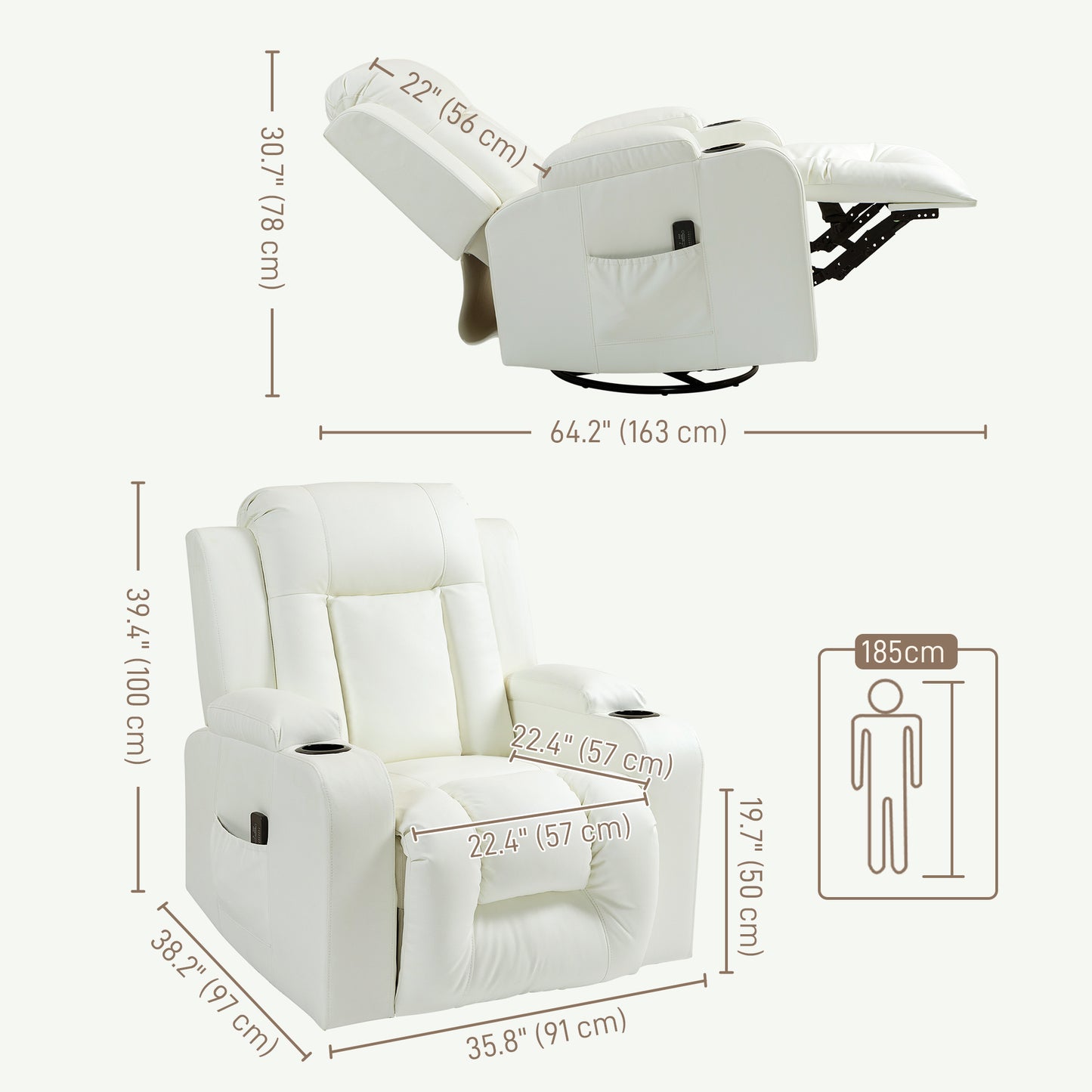 Swivel Massage Recliner Sofa, Overstuffed Manual Reclining Sofa, PU Leather Rocking Chair with Side Pockets, Cup Holders