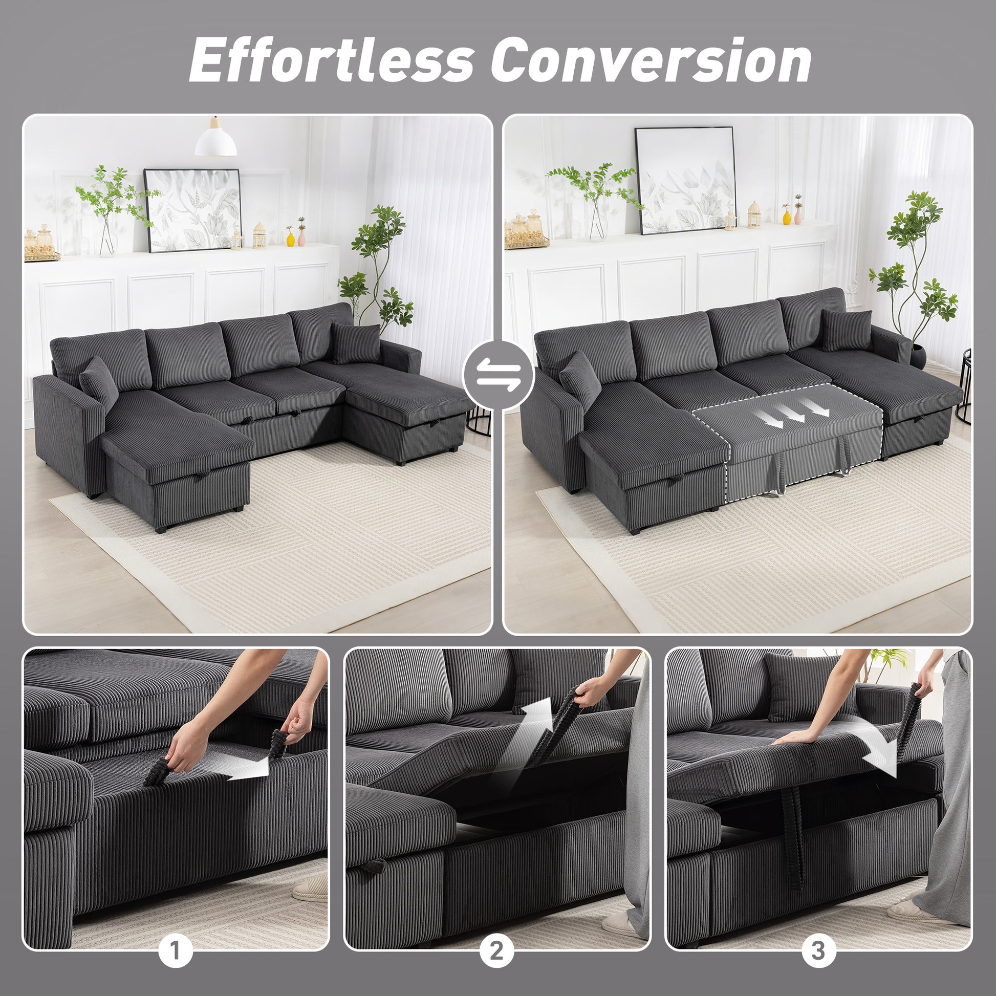 Convertible Sofa Bed, Corduroy U-Shaped Sleeper Sofa Couch with Storage Chaise, Pillows, Spring, Futon Couch, Grey