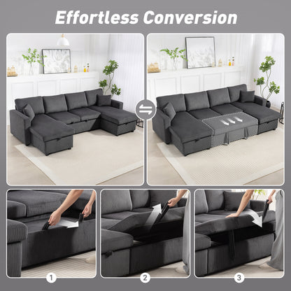 Convertible Sofa Bed, Corduroy U-Shaped Sleeper Sofa Couch with Storage Chaise, Pillows, Spring, Futon Couch, Grey