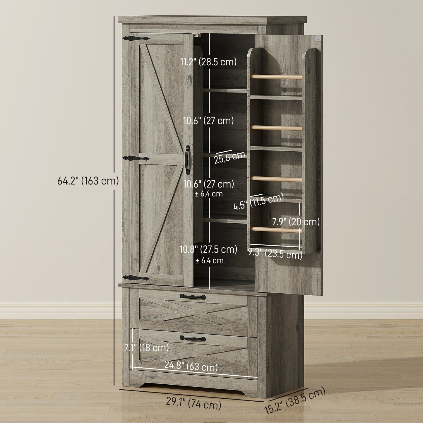 Farmhouse Kitchen Pantry Storage Cabinet, 64" Freestanding Kitchen Pantry Cabinet with Drawers, Distressed Grey