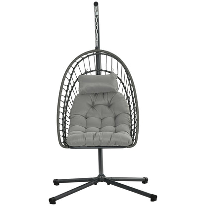 Hanging Egg Chair with Stand, Foldable Wicker Rattan Swing Chair with Thick Cushion, Light Grey