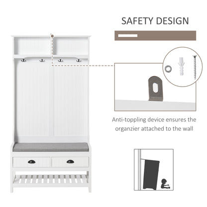 Coat Rack Shoe Bench, Hall Tree with Bench and Shoe Storage, Entryway Bench with 4 Hooks, 2 Drawers, 2 Shelves, White