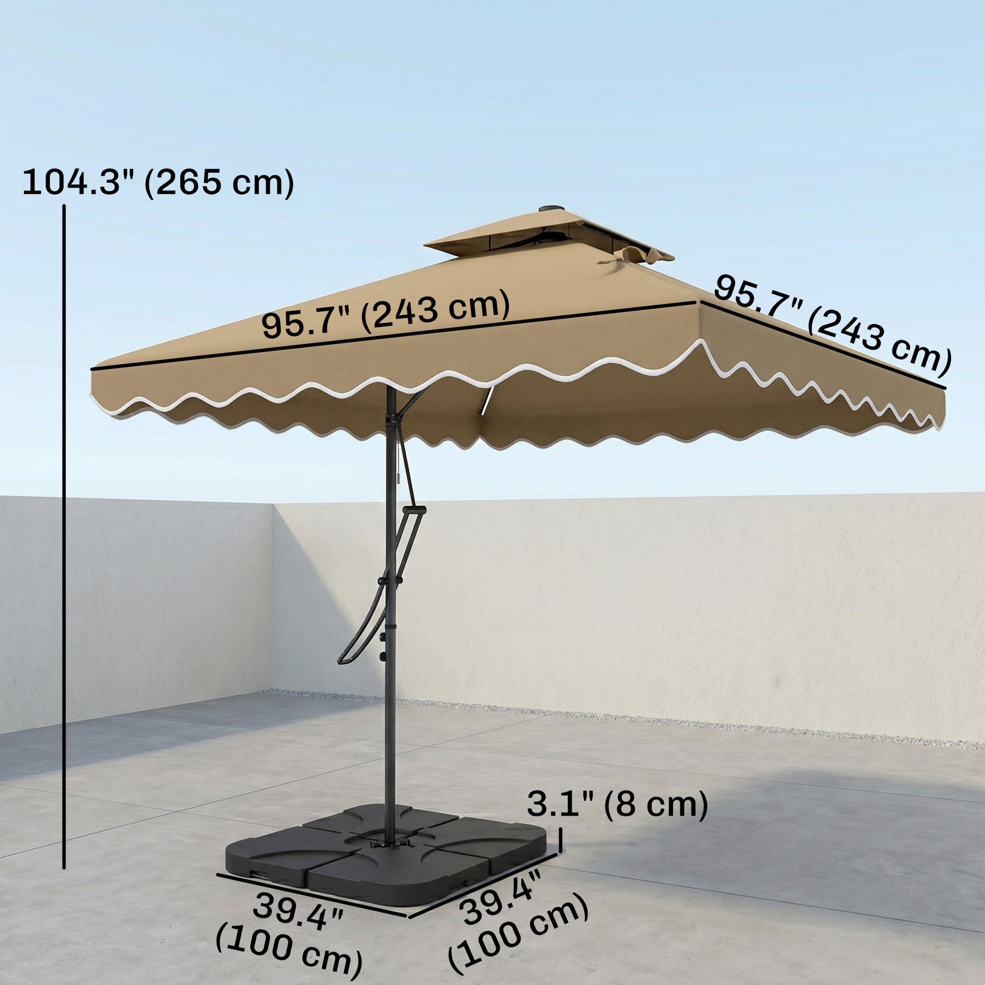 8' x 8' Square Double Top Offset Patio Umbrella Garden Parasol with Solar LED Lights, Ruffles and Weights, Khaki