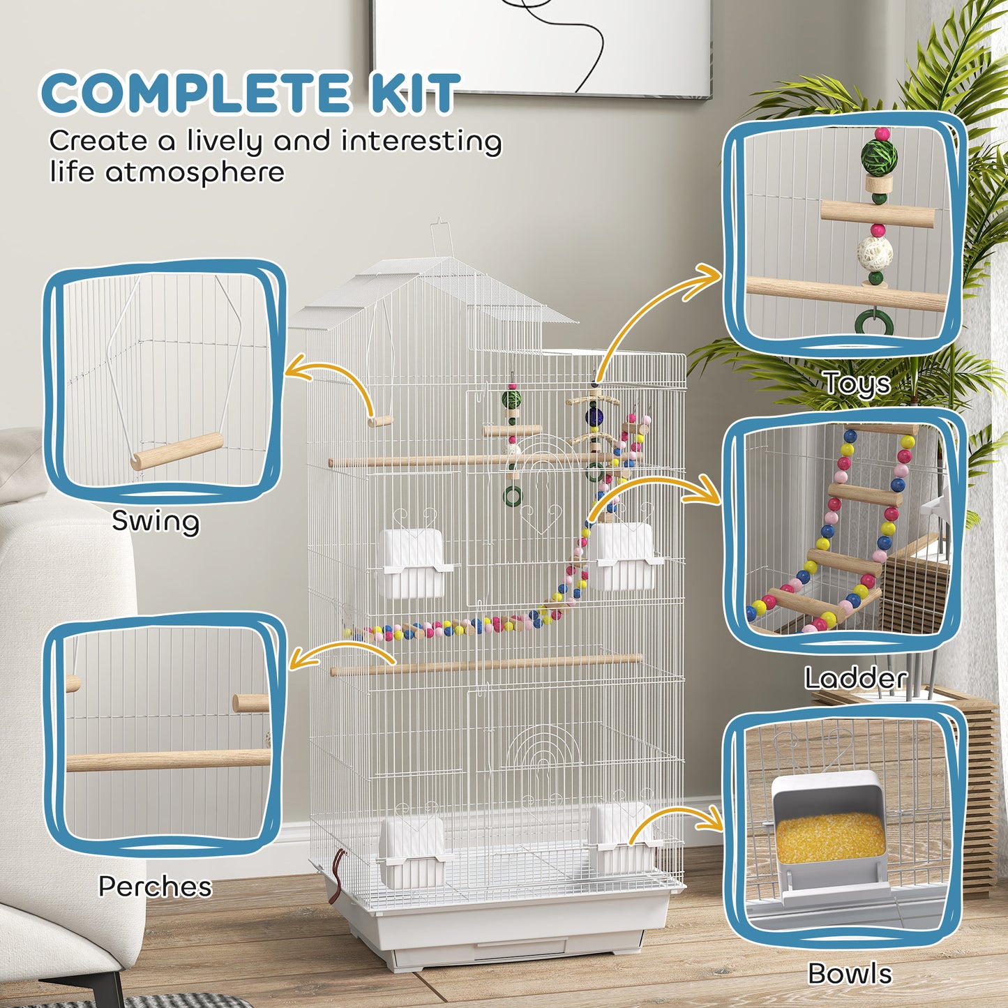 39" Bird Cage for Budgie, Cockatiel, Conure, Small Birds, with Ladder, Swing, Toys, Perches, Tray, Feeding Bowls, Handle