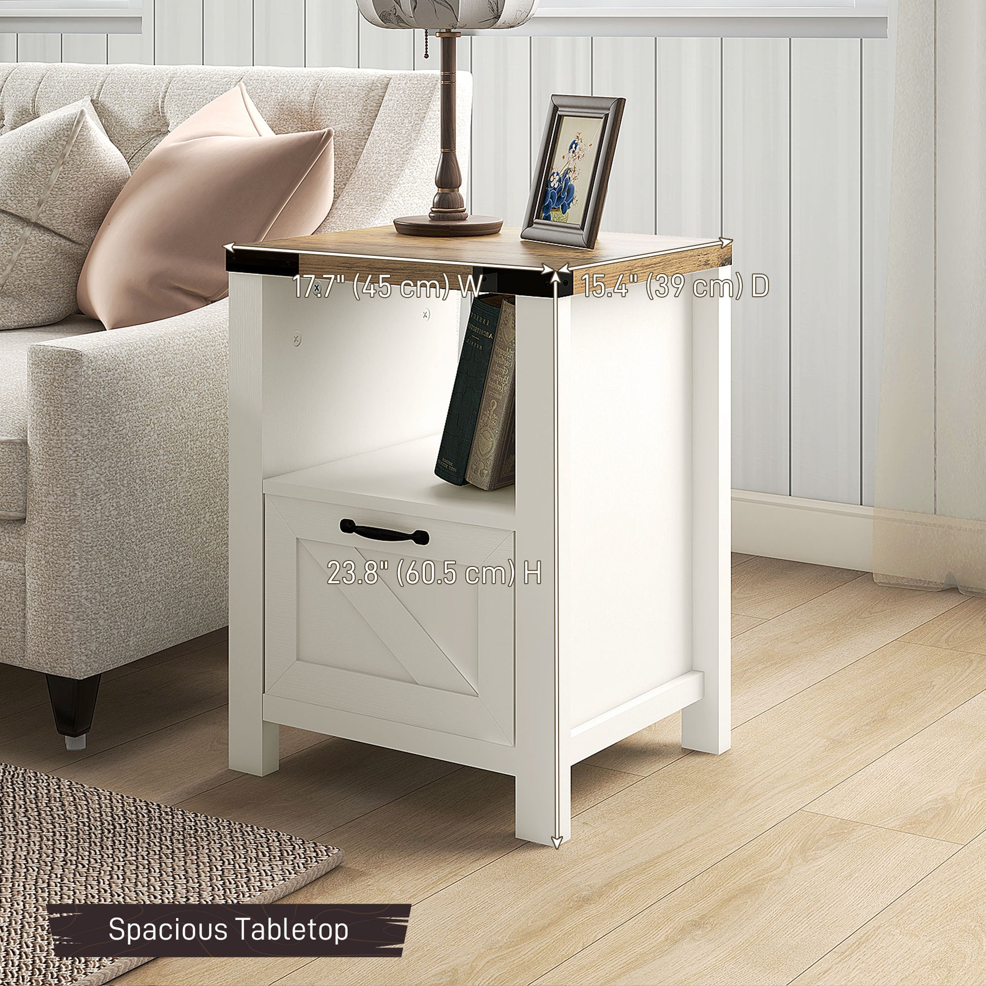 Side Table with Storage, Farmhouse End Table with Drawer, Open Shelf and Barn-style Panel, Nightstand for Living Room, B