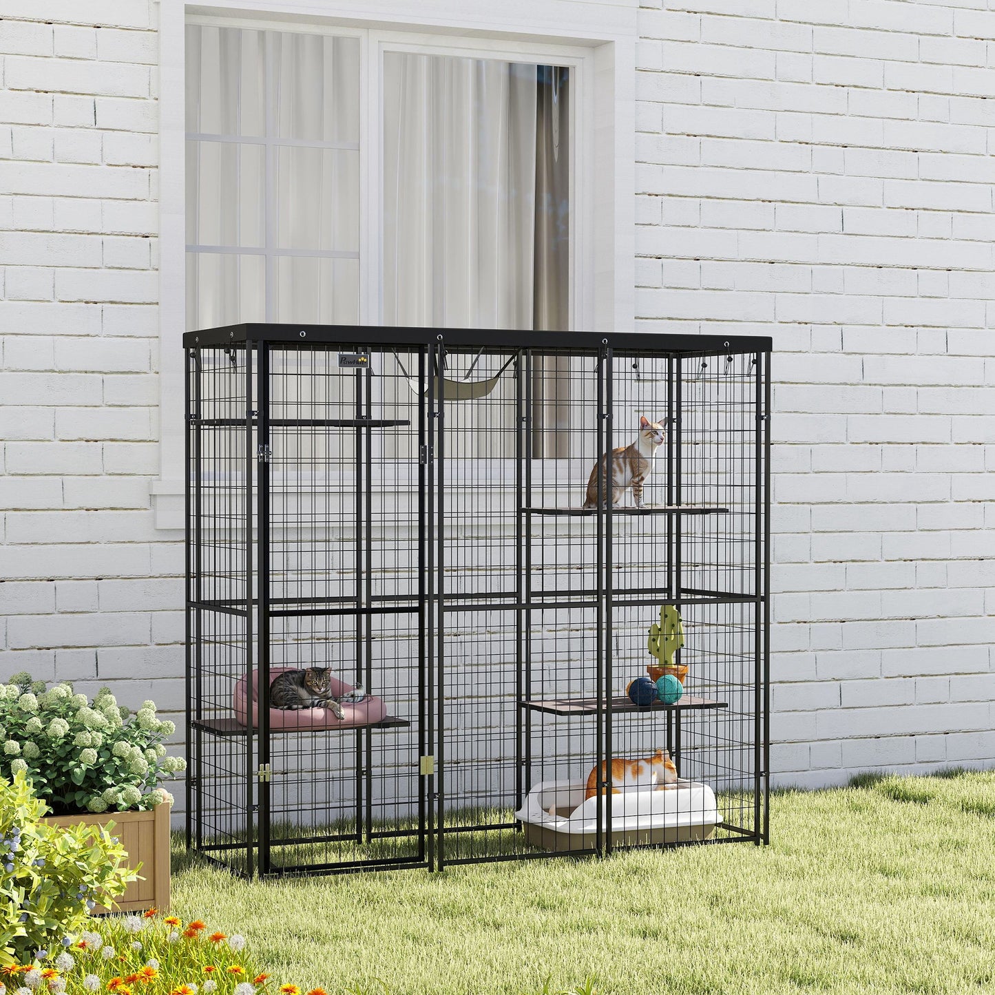 Weld Wire Catio Outdoor Indoor with Waterproof Cover, 4 Jumping Platforms, Hammock, 69" x 22" x 62", Black
