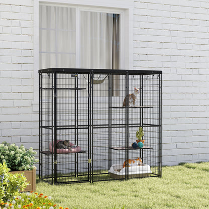 Weld Wire Catio Outdoor Indoor with Waterproof Cover, 4 Jumping Platforms, Hammock, 69" x 22" x 62", Black
