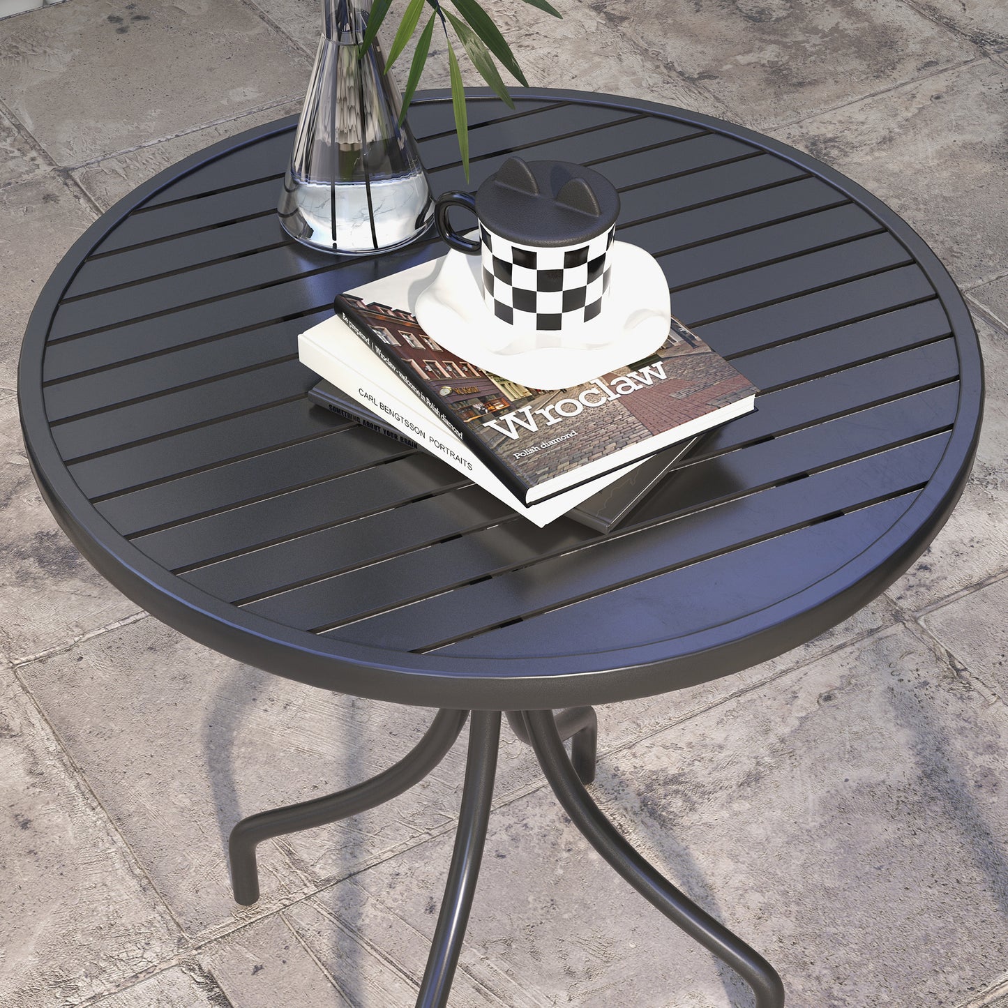 26" Round Patio Table, Outdoor Side Table with Steel Frame and Slat Tabletop for Garden, Balcony, Black