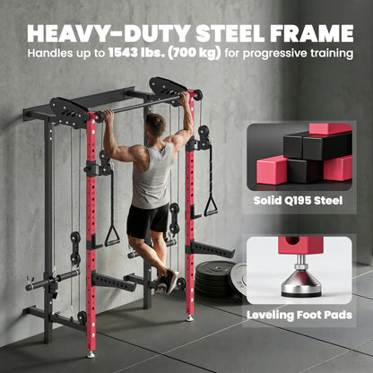 Soozier Foldable Power Cage, Space-Saving Power Rack with Pull-Up Bar, Cable Pulley System, 1540 lbs Capacity