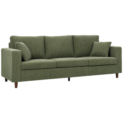 3 Seater Sofa with Wide Seat, Corduroy Couch with Deep Seat, Spring Cushion, Green
