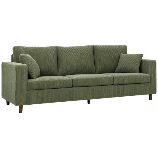 3 Seater Sofa with Wide Seat, Corduroy Couch with Deep Seat, Spring Cushion, Green