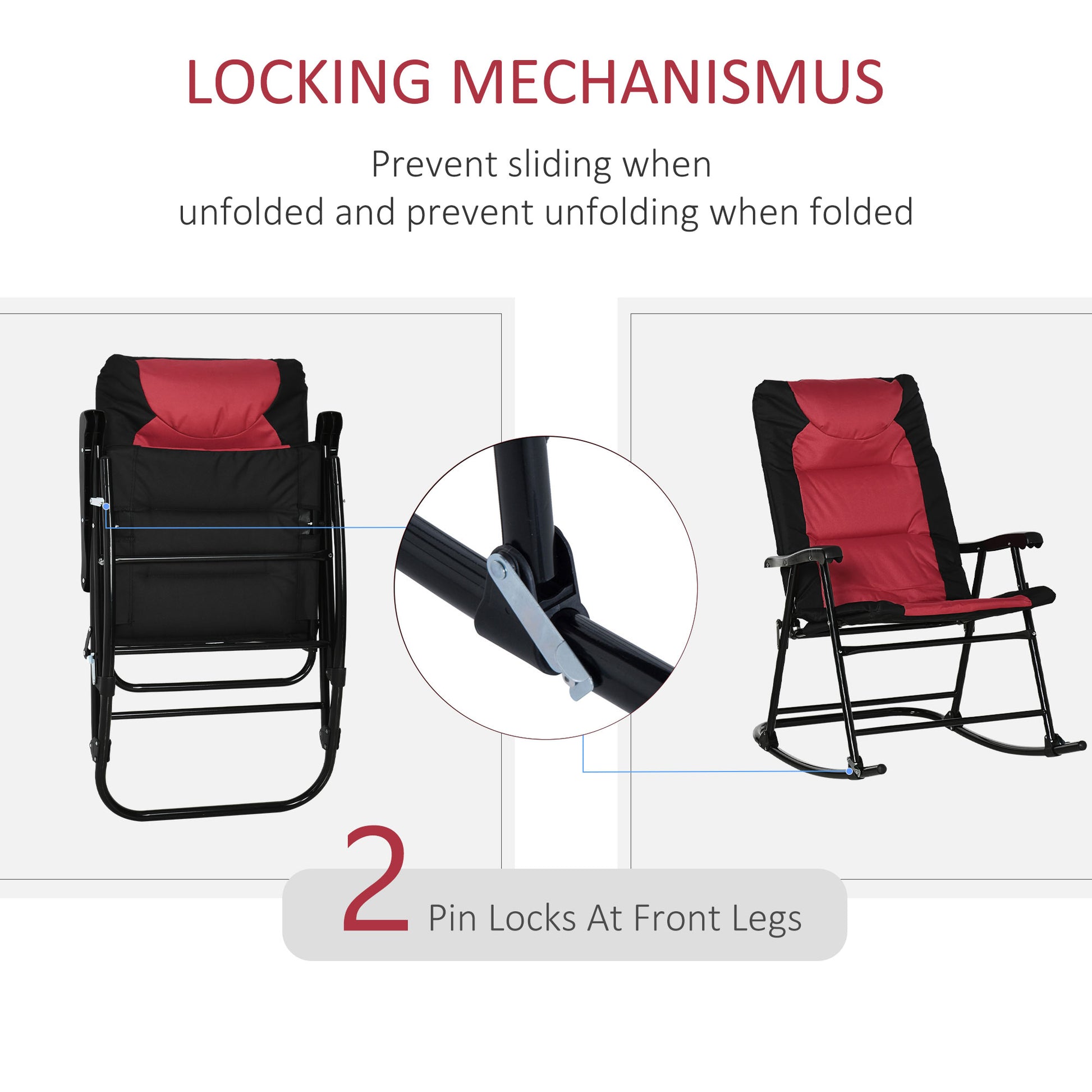 Folding Rocking Chair Set of 2 Padded Rockers with Armrest, Red & Black