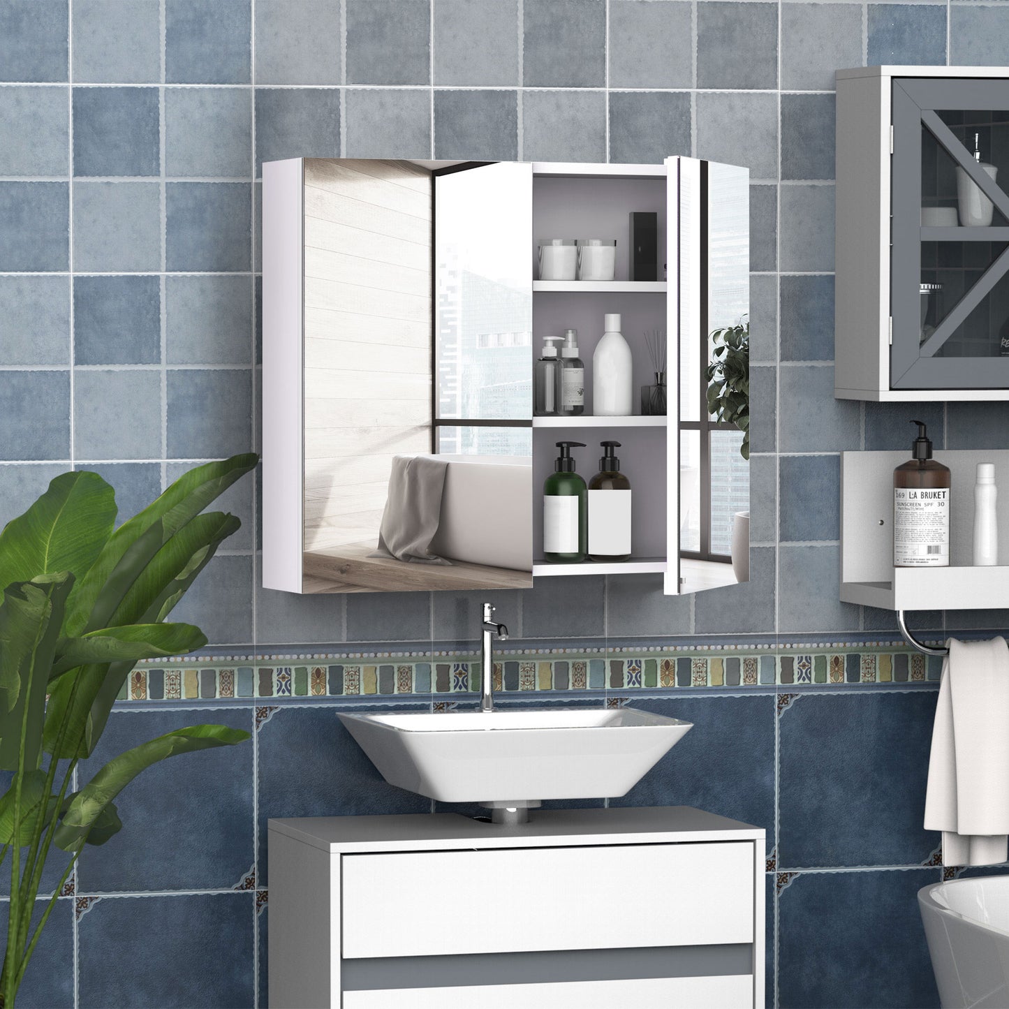 Wall Mount Mirrored Medicine Cabinet, Bathroom Mirror Cabinet with Adjustable Shelf, Double Soft Closing Doors, Light Li