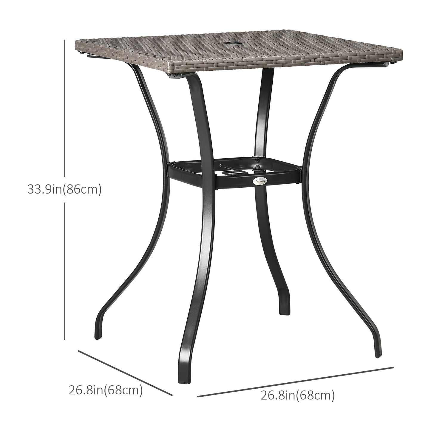 Patio Wicker Dining Table with Umbrella Hole, 34 Inch Outdoor PE Rattan Coffee Table with Plastic Board Under the Woven 