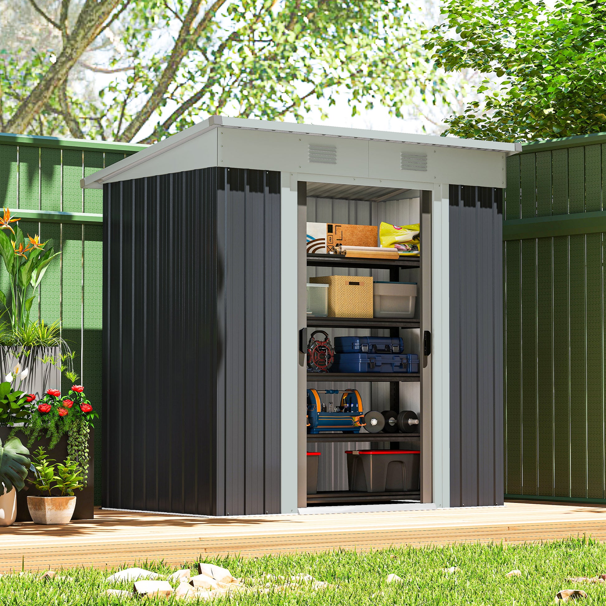 6' x 4' Outdoor Storage Shed, Metal Garden Tool Storage House Organizer with Lockable Sliding Doors and Vents for Backya