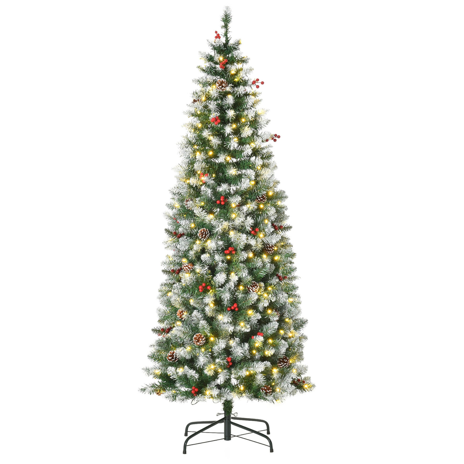 6 ft Snow-Dipped Pencil Christmas Tree Pre-Lit Holiday Decoration with LED Lights Pine Cones Red Berries Green