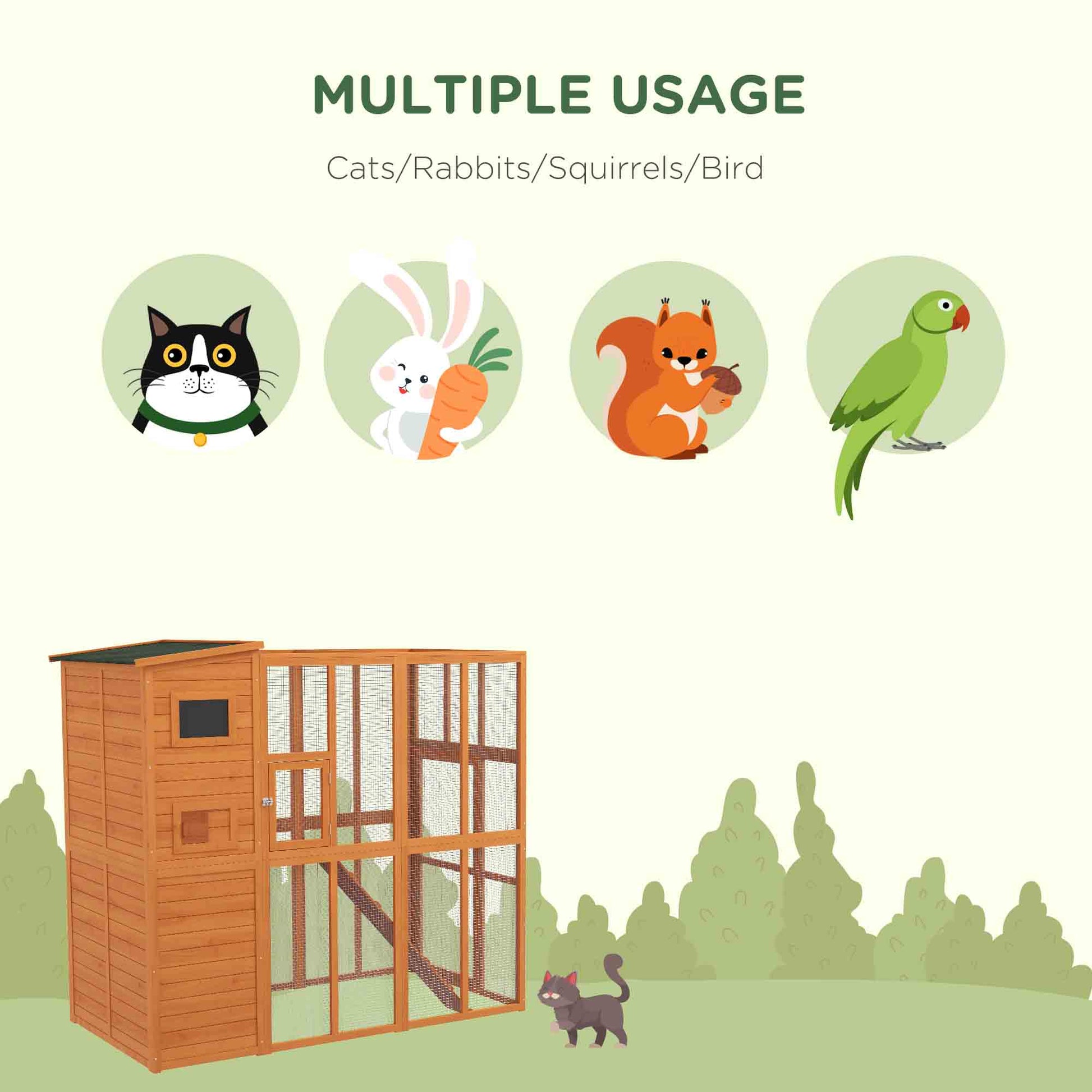 68.75" H Cat Cage Large Wooden Outdoor Cat House with Large Run for Play, Catio for Lounging, and Condo Area for Sleepin