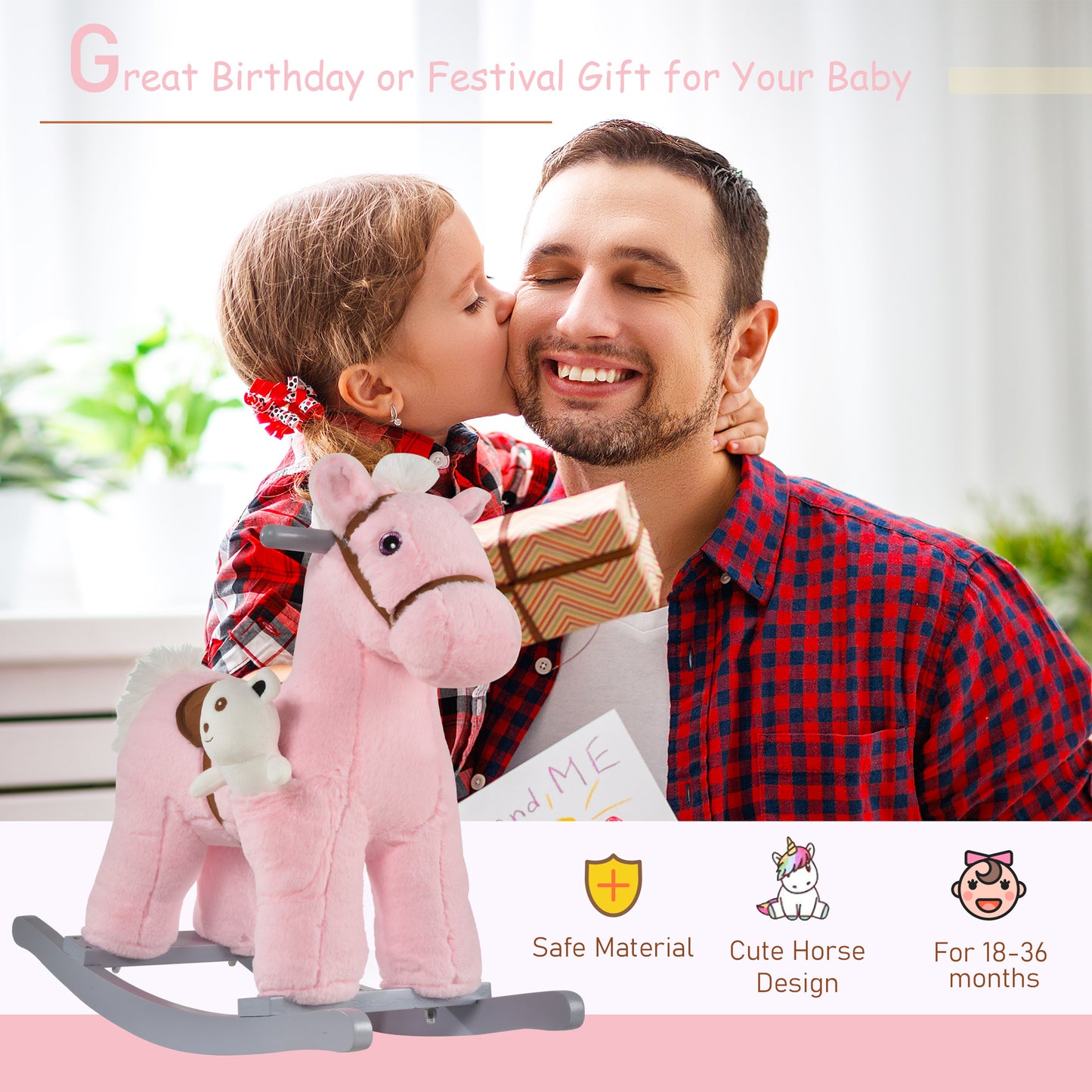 Qaba Kids Rocking Horse Plush Animal on Wooden Rockers with Sounds, Wooden Base and Bear Toy, Baby Rocking Chair, Pink