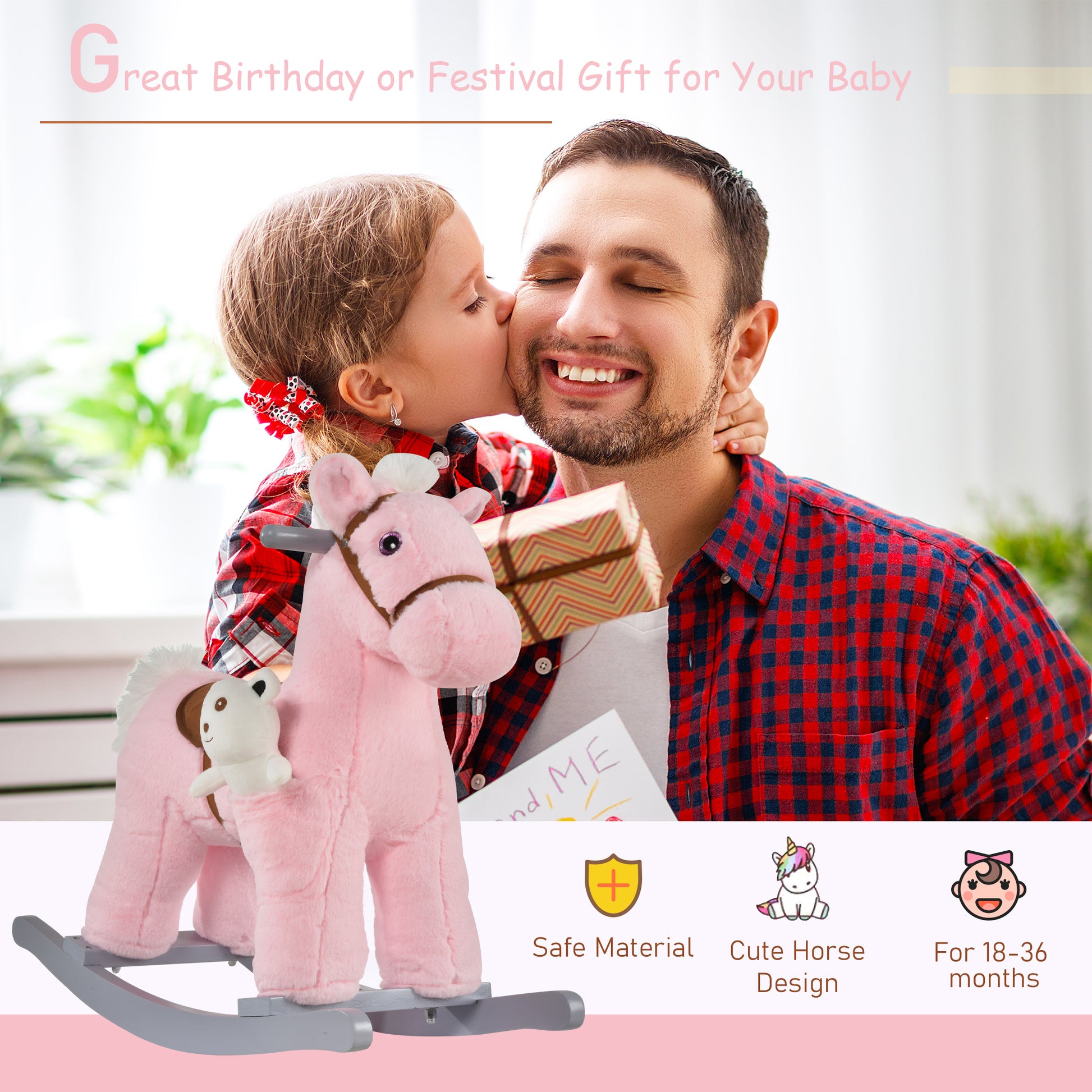 Qaba Kids Rocking Horse Plush Animal on Wooden Rockers with Sounds, Wooden Base and Bear Toy, Baby Rocking Chair, Pink
