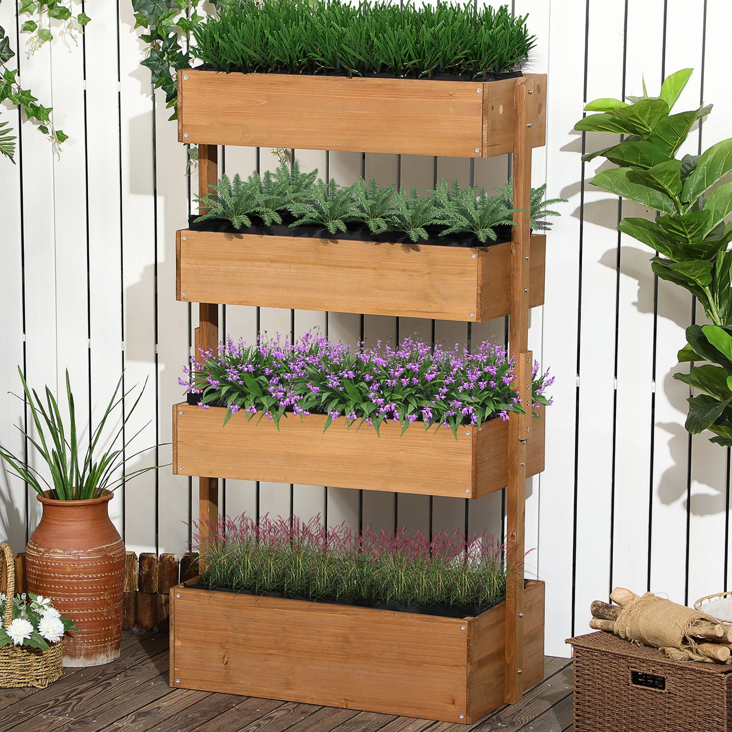 4-Tier Raised Garden Bed, 31.5" x 18" x 56" Vertical Elevated Planter Rack with Non-woven Fabric, Wooden Raised Planter 