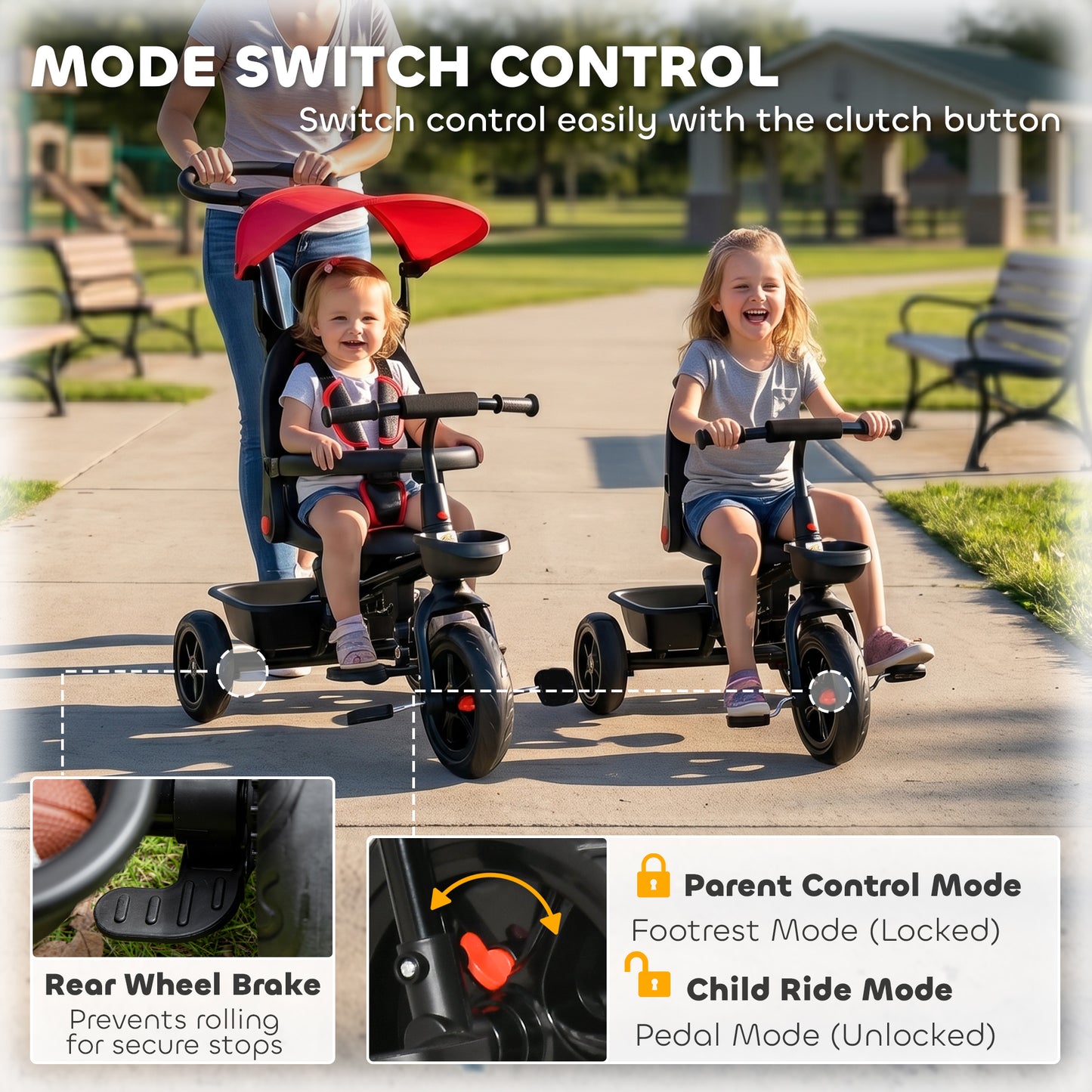 Qaba Kids Tricycle 5 In 1 Trike with Reversible Angle Adjustable Seat Removable Handle Canopy Handrail Belt Storage Foot