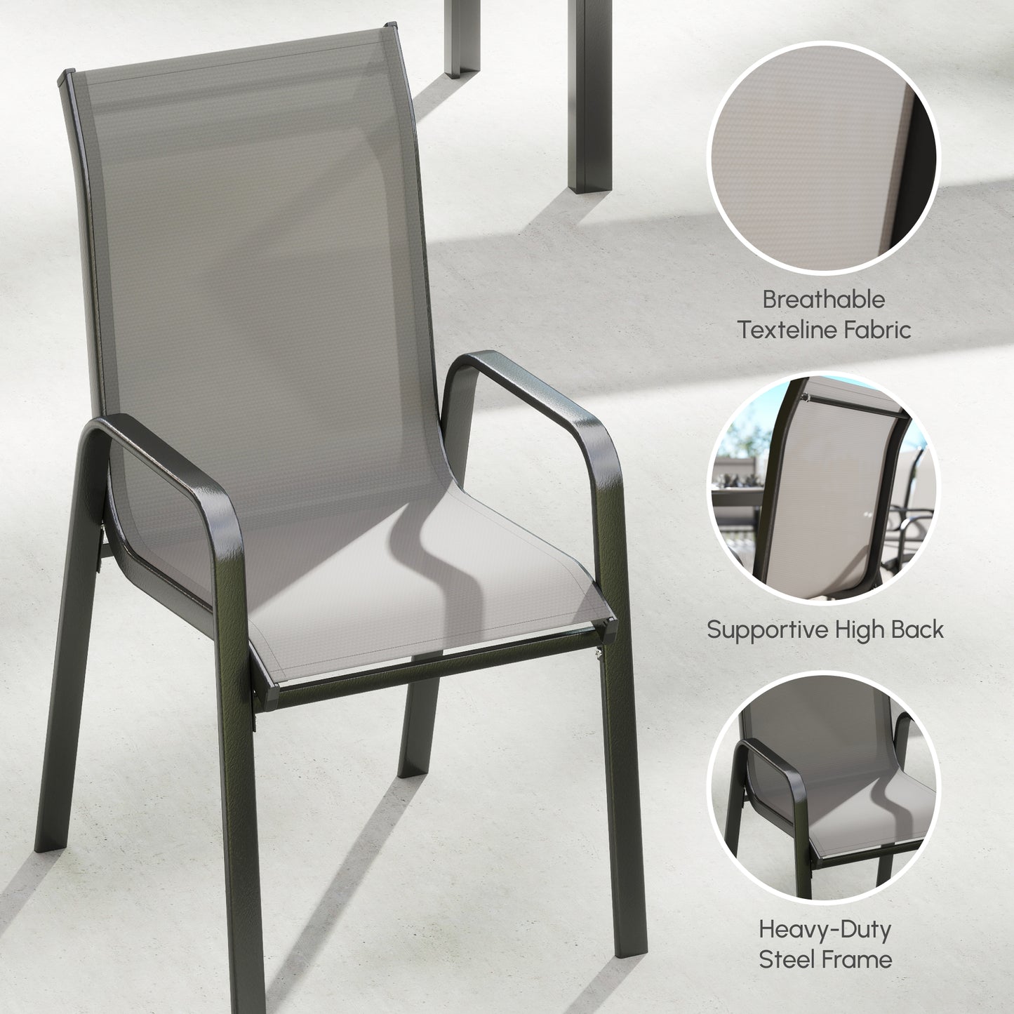 Outdoor Dining Sets for 8 with Stackable Chairs, Patio Dining Set with Glass Top Table for Garden, Patio, Backyard, Dark