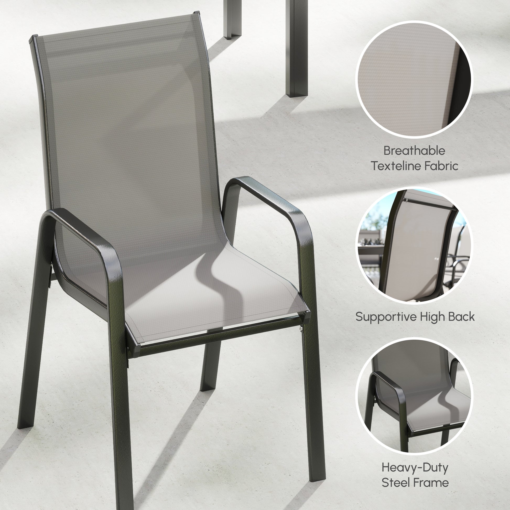 Outdoor Dining Sets for 8 with Stackable Chairs, Patio Dining Set with Glass Top Table for Garden, Patio, Backyard, Dark