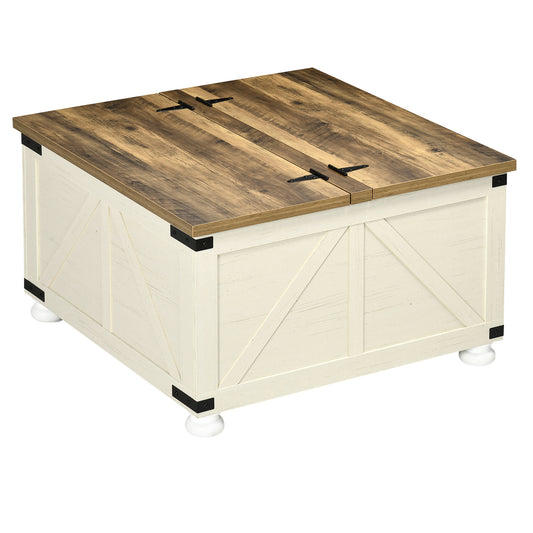 Farmhouse Coffee Table, Square Center Table with Flip-top Lids, Hidden Storage Compartment and Wooden Legs, Antique Whit