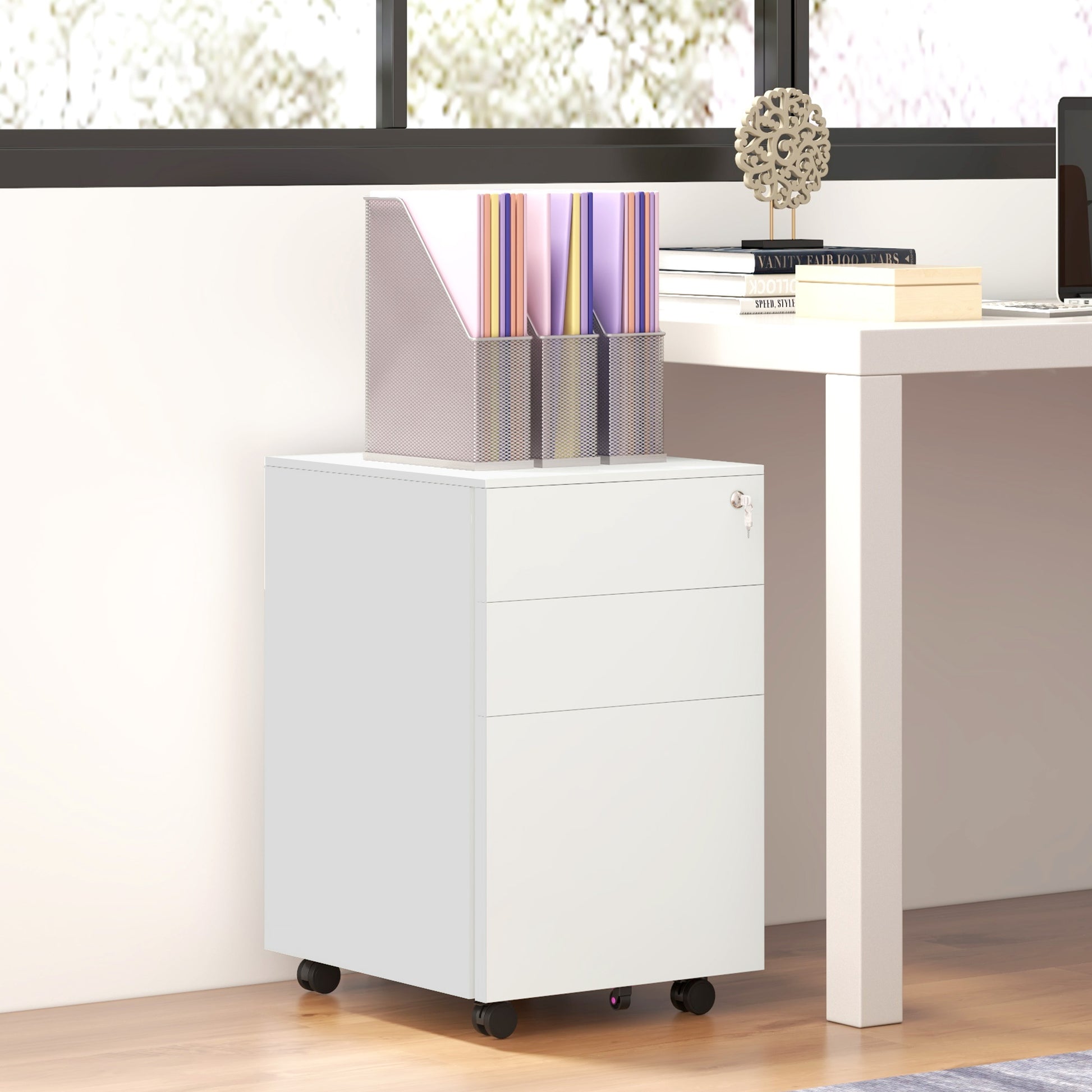 Vertical Steel Filing Cabinet on Wheels, 3-Drawer Lockable File Cabinet with Adjustable Hanging Bar for A4, Legal and Le