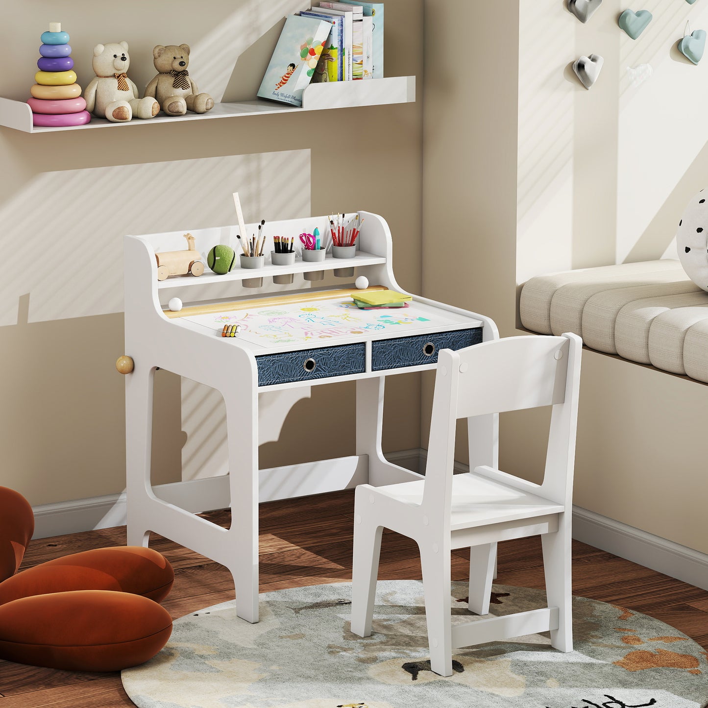 Qaba Kids Study Table and Chair Set, Art Desk and Chair Set with Storage Shelf and Drawers for 3-8 Year Old
