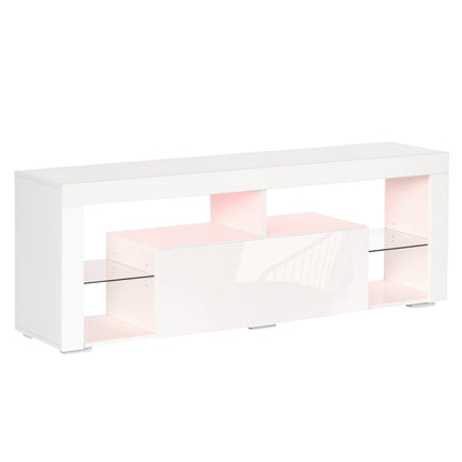 TV Stand for 55-Inch TVs, High Gloss TV Bench with LED Lights, Remote Control, Storage Drawer and Shelves, Entertainment