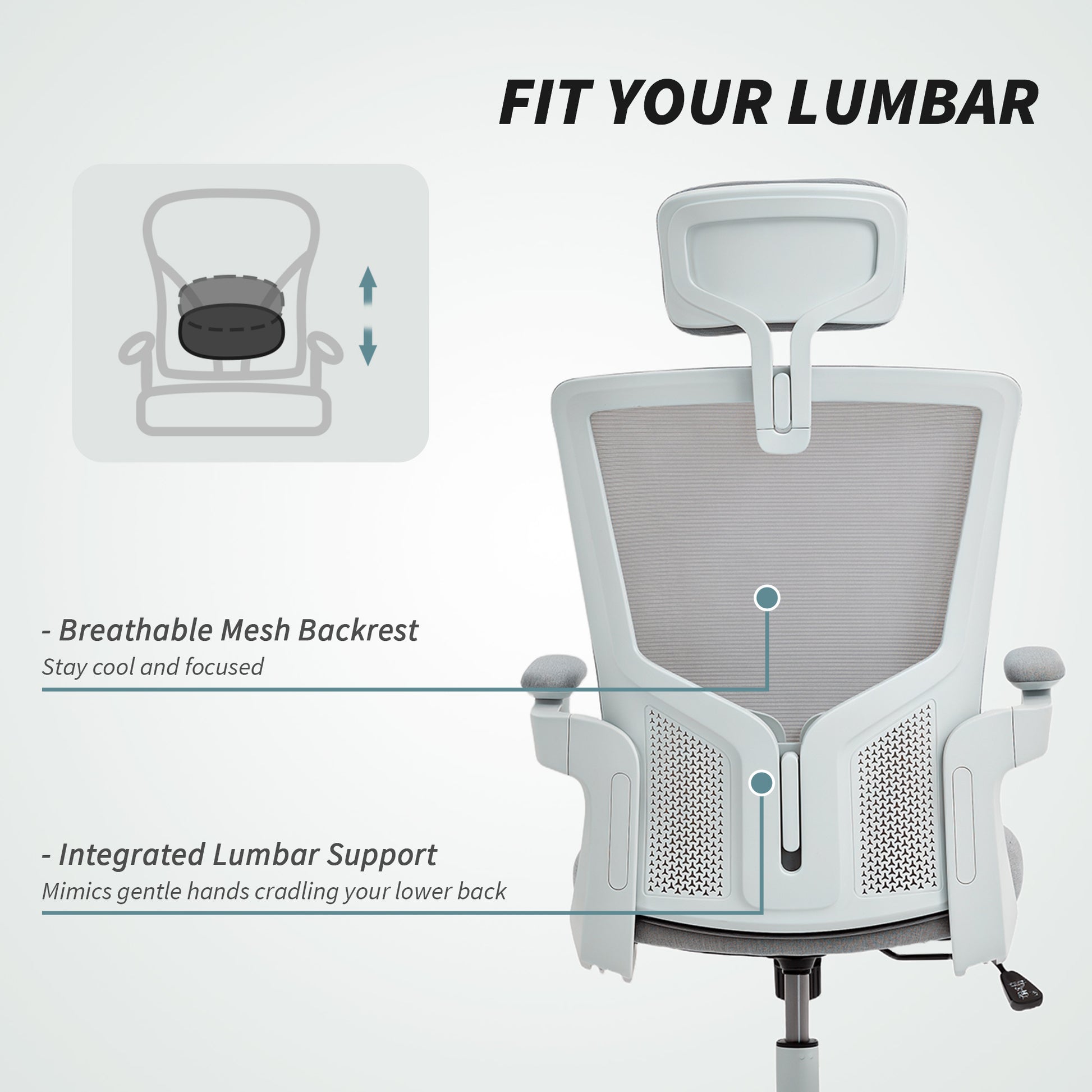 Ergonomic Office Chair, Swivel Desk Chair with Adjustable Lumbar Support, Headrest and Height, Flip-up Armrests, Grey