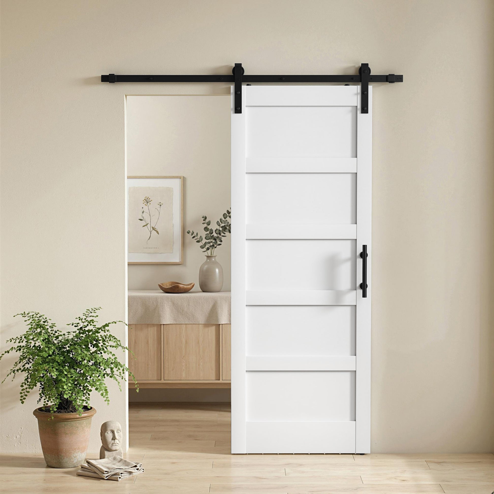32"x84" Sliding Barn Door with Hardware Kit, Shaker Style Sliding Door with Handle, Track, Floor Guide, White Wood Grain