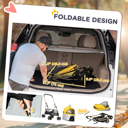 4 Wheels Pet Stroller, 3 in 1 Dog Cat Travel Folding Carrier, for Small Dogs, Detachable, w/ Brake, Canopy, Basket, Stor