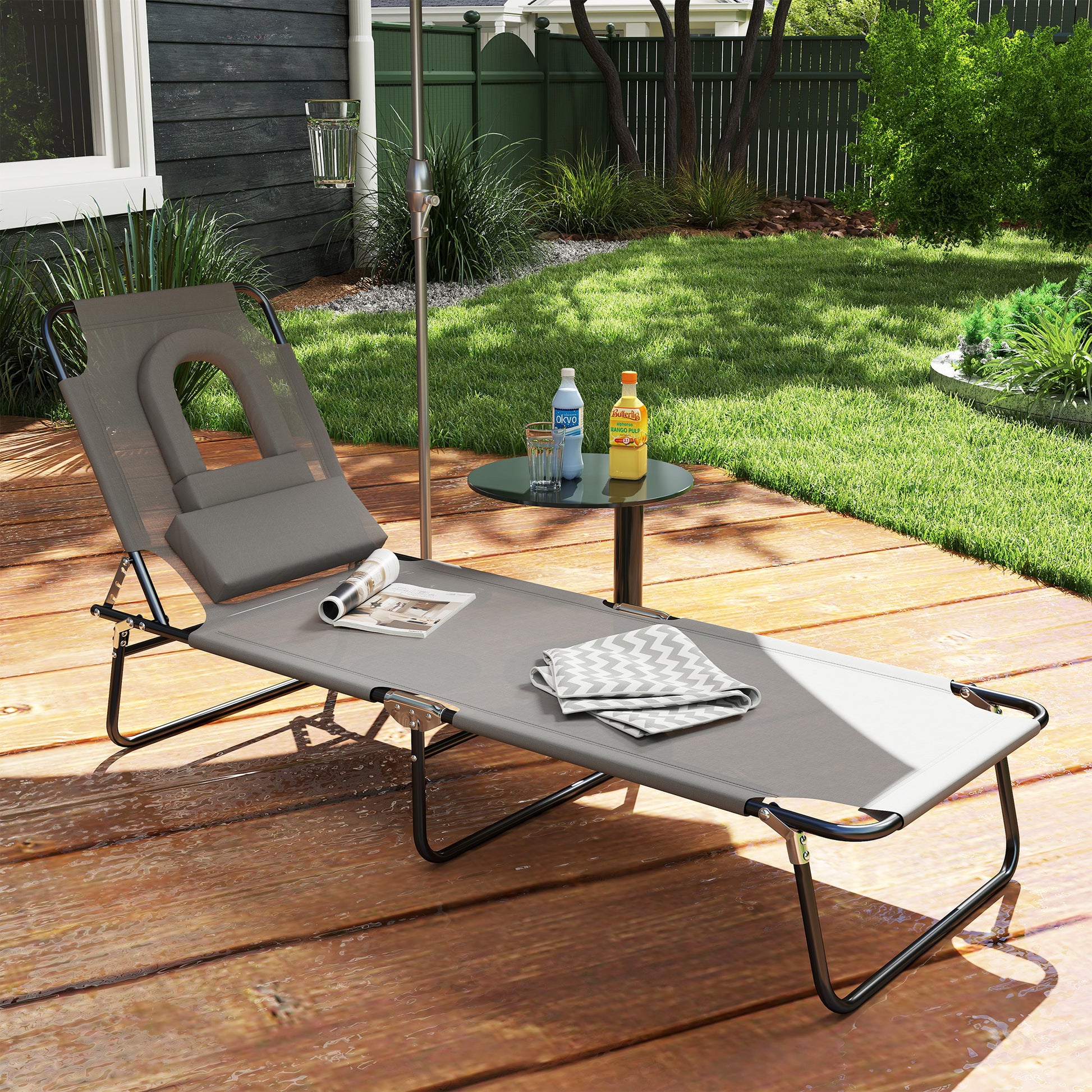 Adjustable Outdoor Lounge Chair, Garden Folding Chaise Lounge with Face Hole Reclining Tanning Chair Seat, Folding Campi