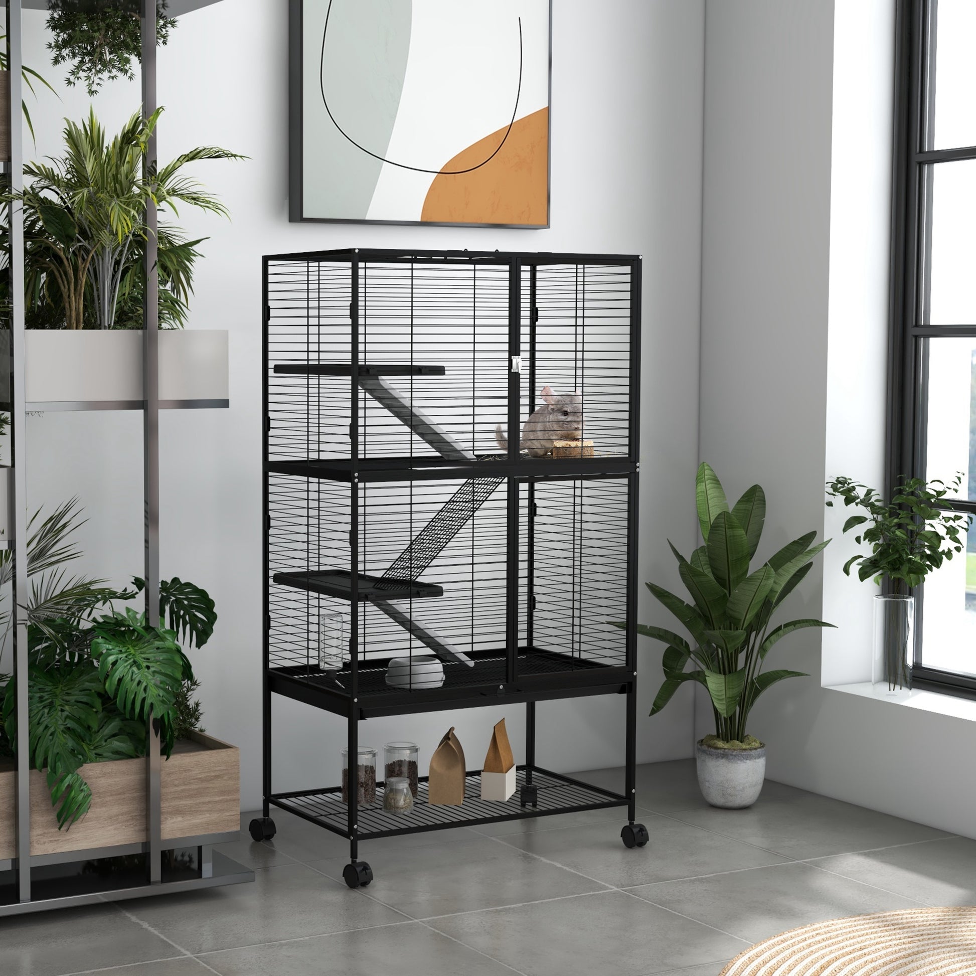 Rolling Small Animal Cage 54"H Chinchilla Cage for Ferrets, Squirrels w/ Removable Tray, Storage Shelf, Black