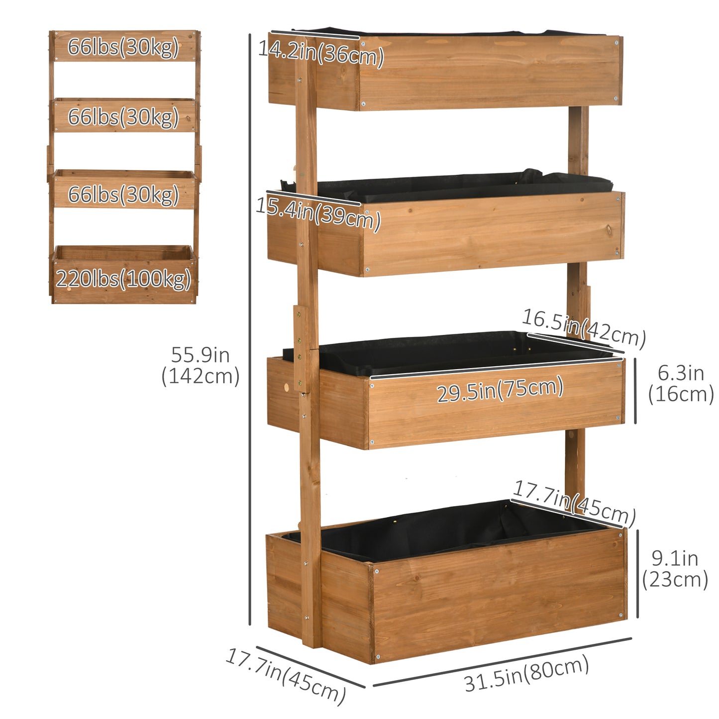 4-Tier Raised Garden Bed, 31.5" x 18" x 56" Vertical Elevated Planter Rack with Non-woven Fabric, Wooden Raised Planter 
