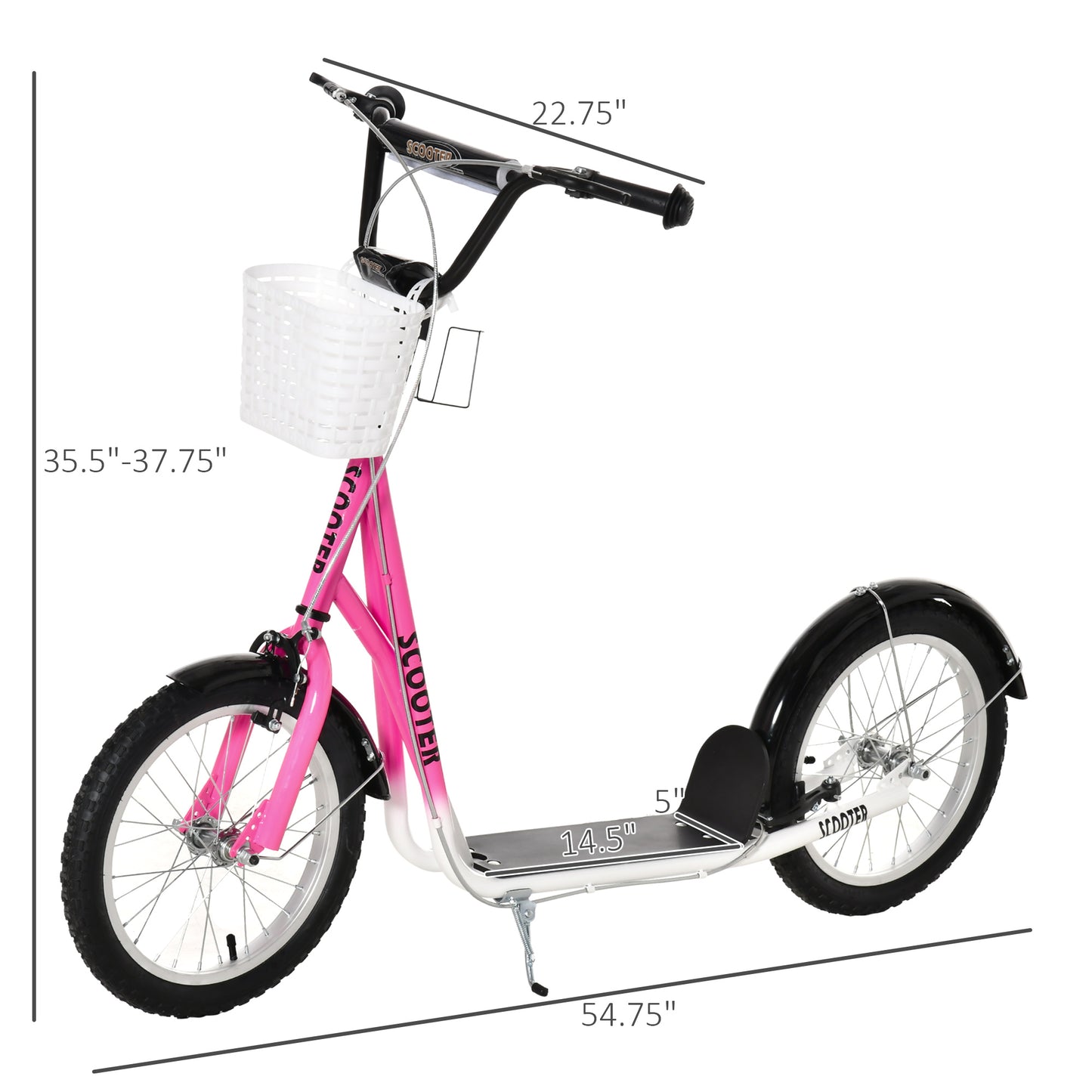 VarietyKart Kick Scooter with Adjustable Handlebar, Kids Scooter with 2 Brakes Basket Cupholder 16" Inflatable Rubber Ty