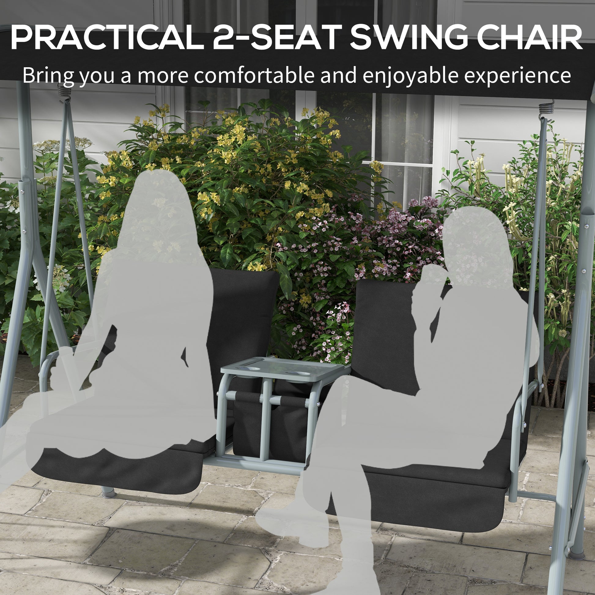 2-Seater Outdoor Porch Swing with Adjustable Canopy and Table, Patio Swing Chair for Garden, Poolside, Backyard, Black