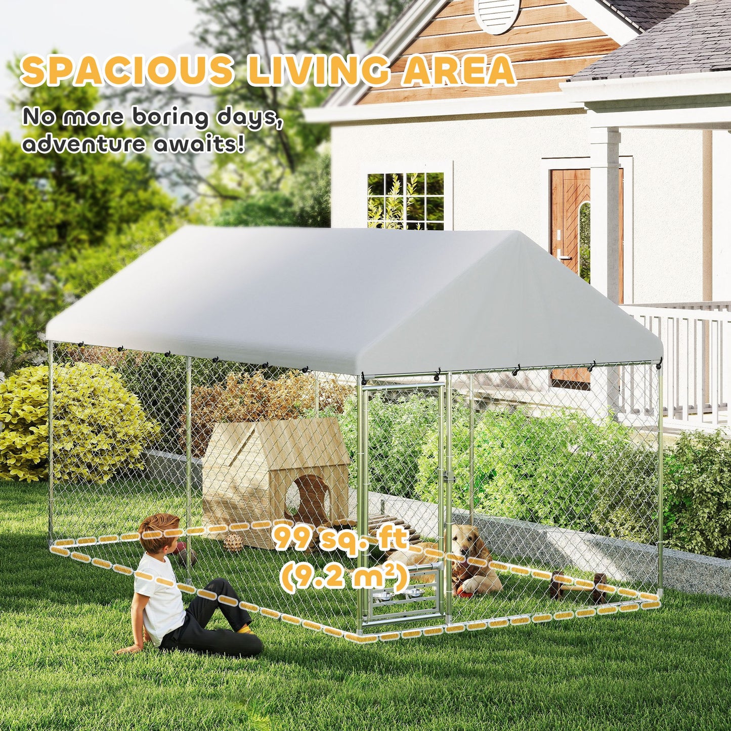 Outdoor Dog Run with Adjustable & Rotatable Bowls, Waterproof UV-Resistant Cover, Escape-Proof Lock, 13.1' x 7.5' x 7.5'
